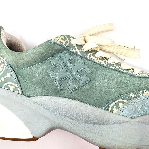 Tory Burch T Monogram Good Luck Trainer Suede Sneakers Blue Celadon Size US 9 - Picture 9 of 10